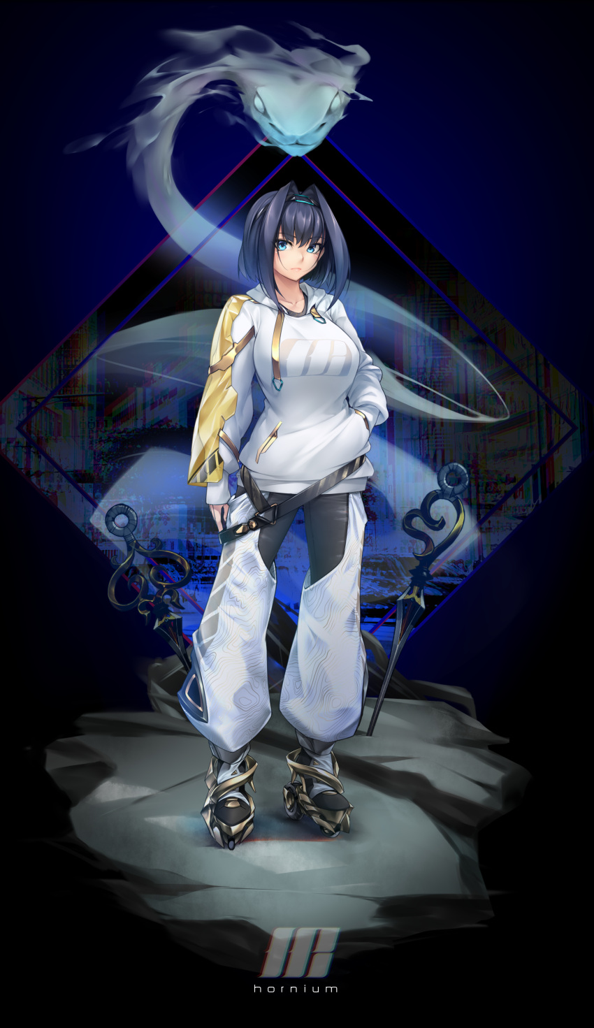 1girl absurdres blue_eyes blue_hair breasts eyebrows_visible_through_hair full_body hair_between_eyes hair_intakes hand_in_pocket highres hiro_hatakeyama hololive hololive_english hood hood_down hoodie large_breasts long_sleeves looking_at_viewer mixed-language_commentary ouro_kronii roller_skates short_sleeves skates solo standing virtual_youtuber