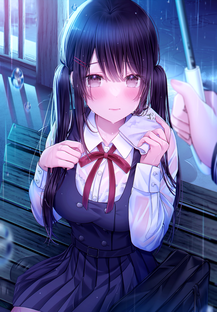 1girl absurdres bangs bench black_hair blue_dress blurry blurry_foreground blush closed_mouth collared_shirt dress dress_shirt hair_ornament hairclip hand_up handkerchief highres holding holding_handkerchief holding_umbrella kuro_namako long_hair long_sleeves looking_at_viewer looking_up neck_ribbon original outstretched_arm pleated_dress rain red_ribbon ribbon school_uniform see-through shirt side_ponytail sitting twintails umbrella violet_eyes water_drop wet wet_clothes white_shirt