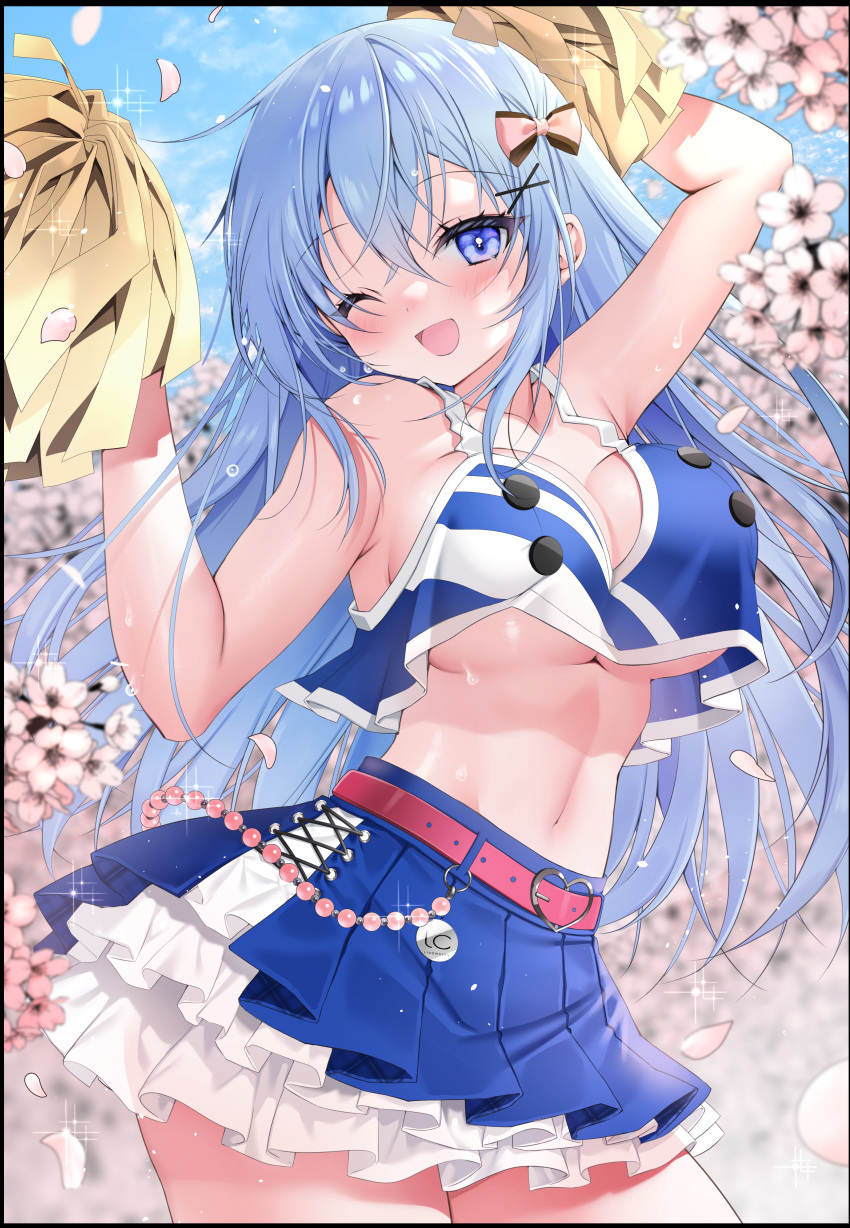 1girl ;d absurdres arms_up bangs bare_arms belt blue_eyes blue_hair blue_skirt blush bow breasts cheerleader crop_top crossed_bangs emori_miku emori_miku_project eyebrows_visible_through_hair flower frilled_skirt frills hair_between_eyes hair_bow hair_ornament highres holding holding_pom_poms large_breasts long_hair looking_at_viewer midriff miniskirt navel one_eye_closed petals pink_belt pink_flower pleated_skirt pom_pom_(cheerleading) skirt smile solo under_boob very_long_hair x_hair_ornament yoruhoshi_owl