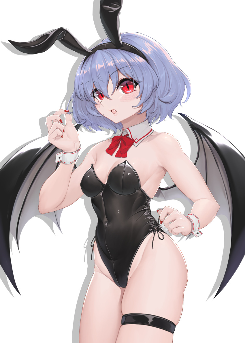 1girl absurdres animal_ears armpits bangs bare_arms bare_shoulders bat_wings black_leotard blue_hair bow bowtie breasts covered_navel detached_collar eyebrows_visible_through_hair fake_animal_ears fake_tail fang groin hair_between_eyes highleg highleg_leotard highres leotard light_blush lips medium_breasts nail_polish navel parted_lips playboy_bunny rabbit_ears rabbit_tail red_bow red_bowtie red_eyes red_nails remilia_scarlet short_hair simple_background skindentation slit_pupils solo strapless strapless_leotard sudako_(dai011305) tail thigh_strap touhou white_background wings wrist_cuffs