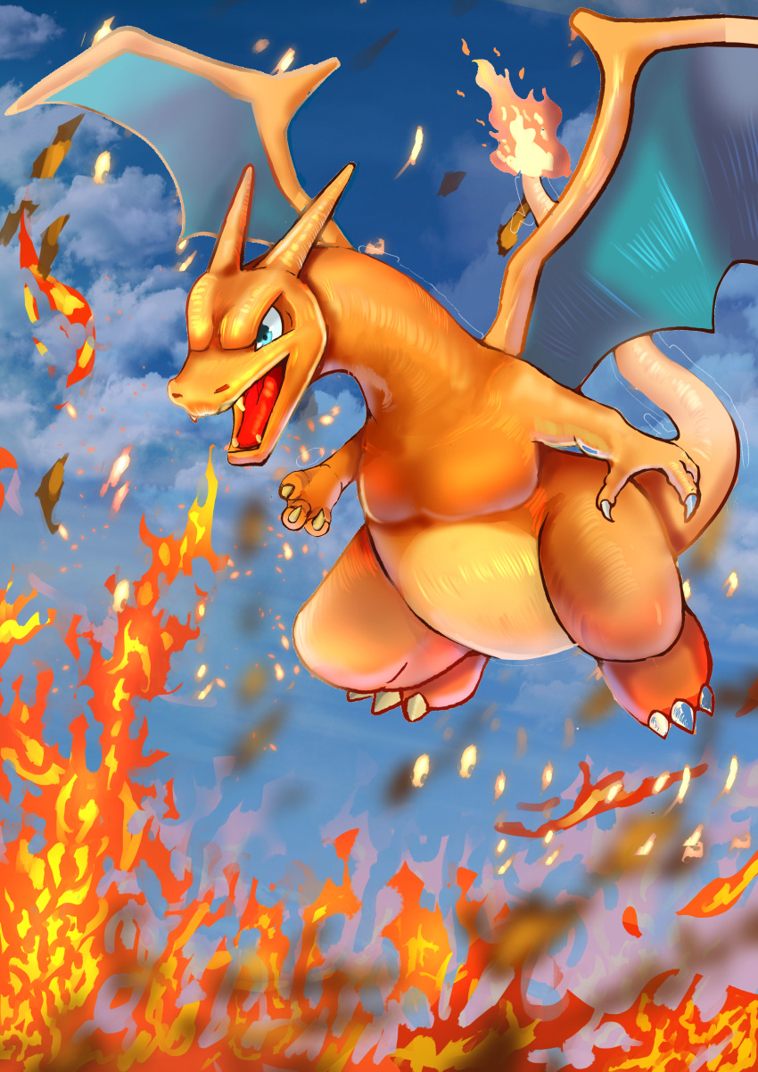 absurdres blue_eyes breathing_fire charizard claws clouds commentary_request day fangs fire flame-tipped_tail highres looking_down no_humans open_mouth outdoors pokemon pokemon_(creature) sky solo sorusolne110 tongue