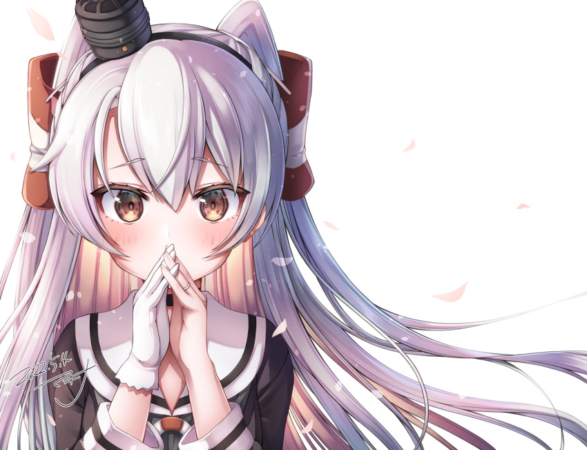 1girl amatsukaze_(kancolle) bangs blush dated dress gloves hair_between_eyes hair_tubes jewelry kantai_collection long_hair long_sleeves looking_at_viewer makina00 multicolored_hair own_hands_together petals pink_hair portrait ring sailor_collar sailor_dress signature simple_background single_glove solo two_side_up very_long_hair wedding_band white_background white_gloves white_hair white_sailor_collar