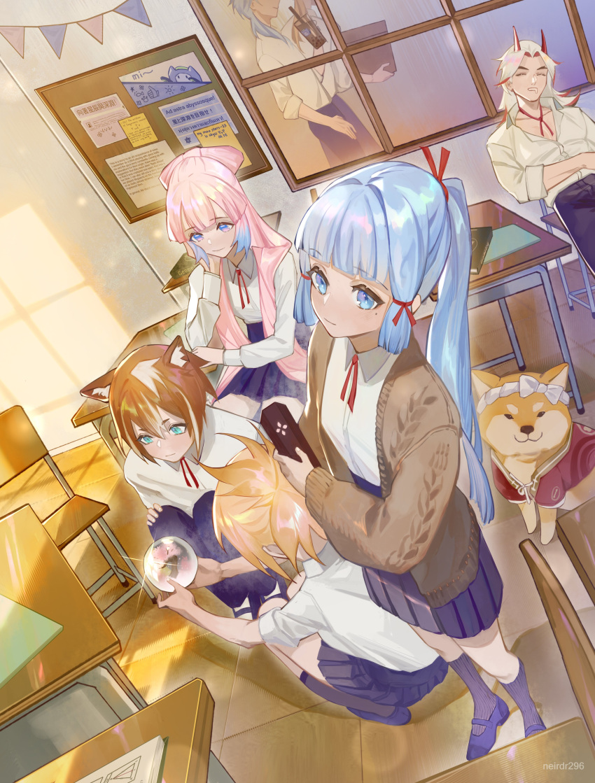 1other 3boys 3girls absurdres alternate_costume animal animal_ear_fluff animal_ears arataki_itto artist_name blonde_hair blue_hair book bow box breasts brown_hair bubble_tea bulletin_board cardigan chair character_request classroom collared_shirt colored_tips cup desk dog drooling foreshortening gender_request genshin_impact gradient_hair hair_ribbon hand_on_own_chin hand_up head_rest highres holding holding_box holding_cup holding_orb horns jacket kamisato_ayaka kamisato_ayato kneehighs kneeling long_hair medium_hair mouth_drool multicolored_hair multiple_boys multiple_girls neck_ribbon neirdr1 pants partially_unbuttoned pleated_skirt ponytail red_ribbon redhead ribbon sangonomiya_kokomi school_chair school_desk school_uniform shiba_inu shirt short_hair sidelocks sitting skirt sleeves_rolled_up small_breasts streaked_hair symbol-only_commentary translation_request white_hair white_jacket white_shirt window