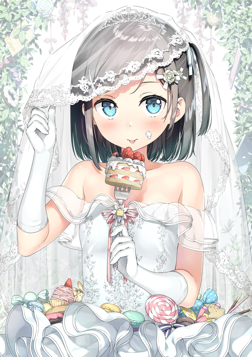 1girl :p bare_shoulders black_hair blue_eyes blush bridal_veil cake candy commentary_request cream cream_on_face dress elbow_gloves food food_on_face fork gloves hair_ornament hentai_ouji_to_warawanai_neko. highres holding holding_fork kantoku looking_at_viewer off-shoulder_dress off_shoulder one_side_up short_hair solo sweets tongue tongue_out tsutsukakushi_tsukiko veil wedding_dress white_dress white_gloves