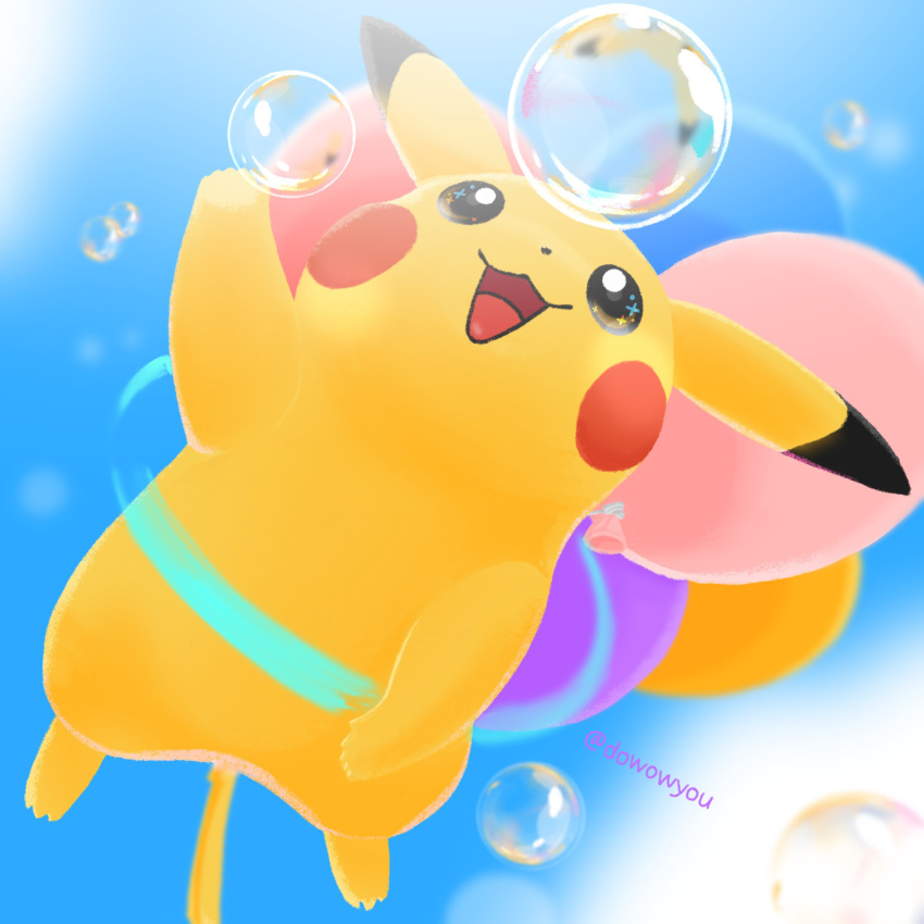 :d balloon black_eyes blurry bubble commentary_request day flying from_below happy highres korean_commentary no_humans open_mouth outdoors pikachu pokemon pokemon_(creature) smile solo tongue wowyou