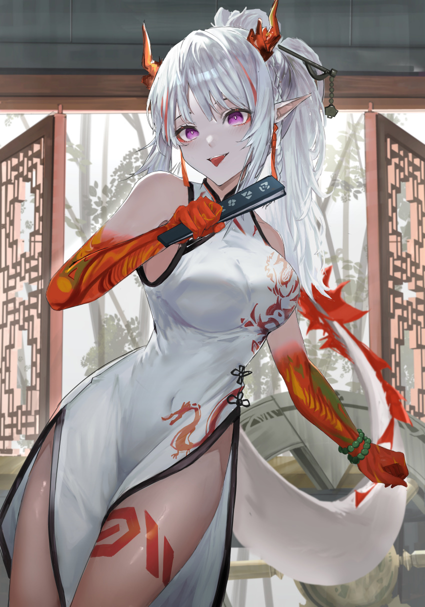 1girl :p absurdres arknights bead_bracelet beads bracelet braid breasts china_dress chinese_clothes colored_skin dragon_girl dragon_horns dragon_print dragon_tail dress earrings flame-tipped_tail folding_fan hair_ornament hair_stick hand_fan highres holding holding_fan horns jewelry large_breasts long_hair looking_at_viewer multicolored_hair nian_(arknights) nian_(unfettered_freedom)_(arknights) okayannosuke open_mouth pointy_ears ponytail redhead side_braid side_slit sleeveless sleeveless_dress solo streaked_hair tail tassel tassel_earrings tongue tongue_out two-tone_hair violet_eyes white_dress white_hair