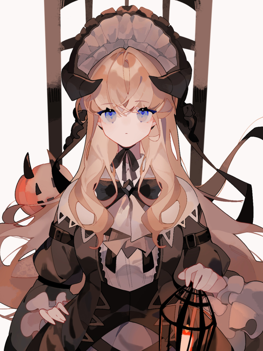 1girl arknights black_dress black_headwear black_ribbon blue_eyes cage candle demon_horns dress eyebrows_visible_through_hair hat highres holding holding_lantern horns lantern neck_ribbon nightingale_(an_elegy)_(arknights) nightingale_(arknights) official_alternate_costume pumpkin qi_cha_chunyu ribbon simple_background solo upper_body white_background