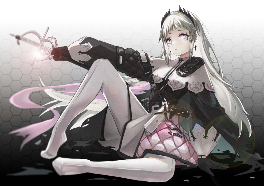 1girl absurdres arknights arm_support belt black_gloves closed_mouth earrings food front-seamed_legwear full_body gloves glowing glowing_weapon gradient gradient_background grey_background grey_eyes grey_hair gun head_wings highres holding holding_food honeycomb_(pattern) honeycomb_background irene_(arknights) jewelry knee_up layered_skirt lens_flare long_hair long_sleeves looking_at_viewer no_shoes outstretched_arm pantyhose pink_skirt puffy_long_sleeves puffy_sleeves scar scar_across_eye scar_on_face seamed_legwear sheath sheathed sitting skirt spread_legs very_long_hair weapon white_legwear white_skirt yzbr