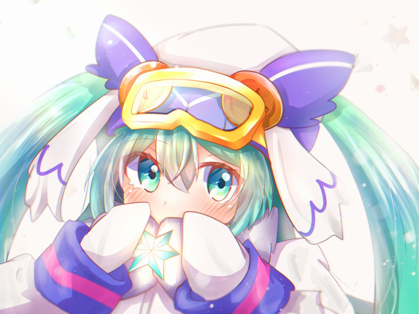 1girl aqua_eyes aqua_hair blush button_eyes coat covered_mouth hatsune_miku highres long_hair mittens myon_x owl_hat portrait sideways_glance ski_goggles solo star_ornament twintails vocaloid white_coat white_mittens yuki_miku yuki_miku_(2016)