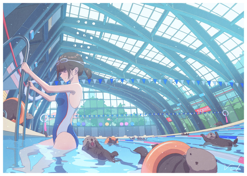 1girl artist_name bangs blunt_bangs breasts brown_hair closed_eyes day goggles goggles_on_head highres indoors innertube ladder lane_line one-piece_swimsuit original otter pool short_hair small_breasts string_of_flags swimming swimsuit vivid507 water