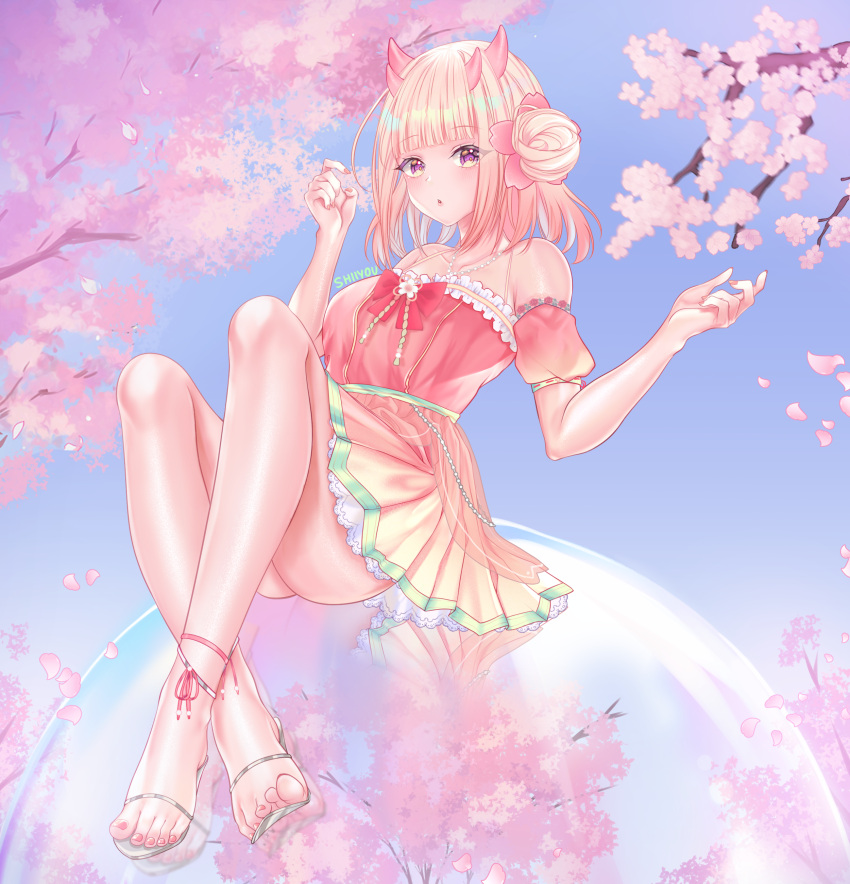 1girl absurdres bangs bare_shoulders blunt_bangs bow bubble cherry_blossoms dress flower frills hair_flower hair_ornament highres horns jewelry long_hair looking_at_viewer necklace original pink_dress pink_flower pink_hair pink_nails red_bow shiiyou sitting solo strappy_heels toes