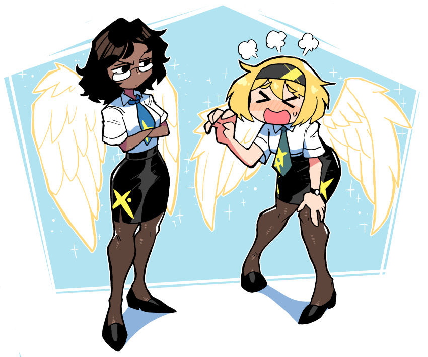 &gt;_&lt; 2girls =3 absurdres angel angel_wings black_eyes black_footwear black_hair black_skirt blonde_hair blue_necktie blush brown_legwear closed_mouth crossed_arms dark-skinned_female dark_skin exhausted hairband highres leliel_(rariatto) medium_hair miniskirt multiple_girls necktie open_mouth original pantyhose rariatto_(ganguri) shamsiel_(rariatto) shirt shoes short_sleeves skirt white_shirt wings