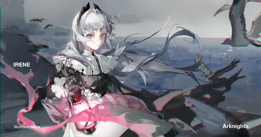 1girl arknights bird black_gloves black_shirt character_name copyright_name floating_hair gloves grey_eyes grey_hair head_wings highres holding holding_lantern irene_(arknights) lantern long_hair looking_at_viewer outdoors pekopeco shirt skirt solo upper_body white_skirt