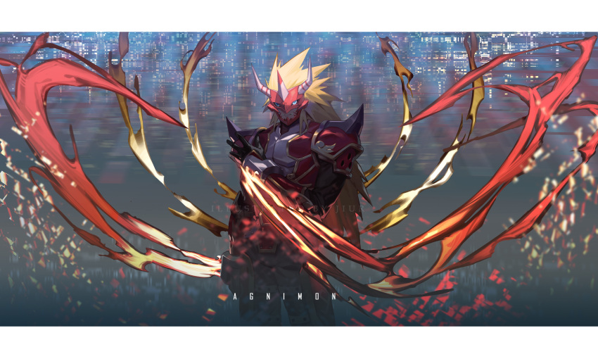 1boy absurdres agnimon armor black_gloves blonde_hair blue_eyes character_name commentary cropped_legs digimon digimon_(creature) digimon_frontier fangs fire gloves highres horns jiuri_jiuhao long_hair male_focus mask open_hand red_armor solo spiky_hair