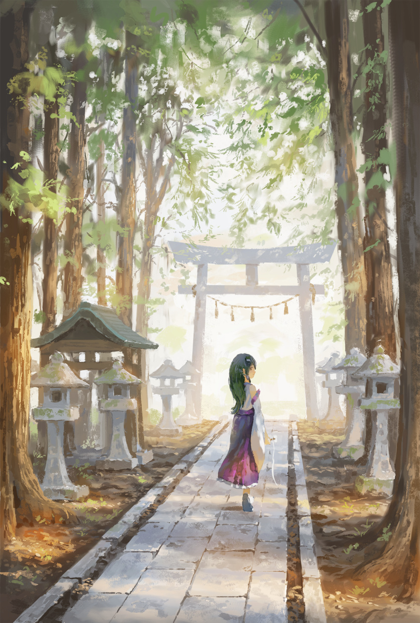 1girl blue_skirt fjsmu frog_hair_ornament from_behind gohei green_hair hair_ornament highres japanese_clothes kochiya_sanae long_skirt looking_back miko moriya_shrine rope shimenawa shirt skirt solo torii touhou tree white_shirt