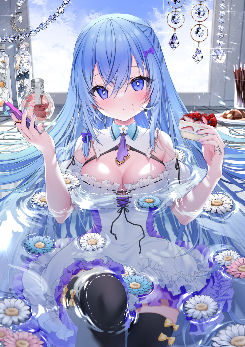 1girl absurdres bangs black_legwear blue_eyes blue_flower blue_hair blush bottle bow breasts cellphone dress emori_miku emori_miku_project eyebrows_visible_through_hair flower food food_on_face frilled_dress frills hair_between_eyes hair_bow highres holding holding_food holding_phone indoors jewelry long_hair looking_at_viewer medium_breasts nail_polish partially_submerged phone pink_flower purple_bow purple_nails ring smartphone solo strawberry_shortcake thigh-highs very_long_hair water white_dress white_flower yoruhoshi_owl