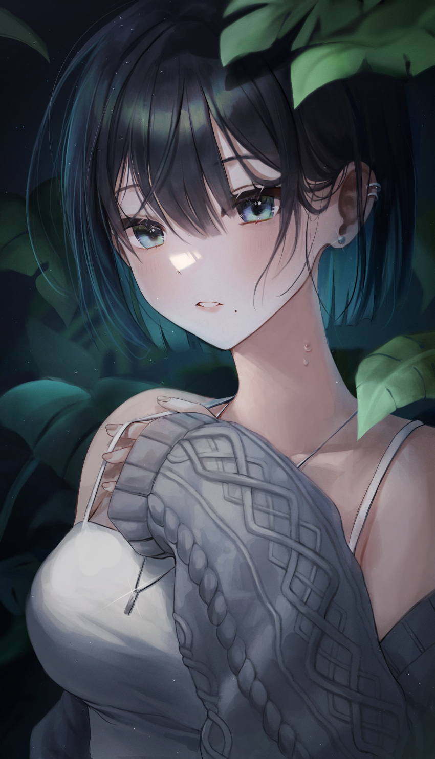 1girl absurdres bangs bare_shoulders black_hair blue_eyes blue_hair breasts camisole cardigan collarbone colored_inner_hair ear_piercing eyebrows_visible_through_hair grey_cardigan hand_on_own_chest highres jewelry leaf looking_at_viewer medium_breasts mole mole_under_mouth multicolored_hair myowa necklace open_cardigan open_clothes original parted_lips piercing short_hair solo strap_lift sweat symbol-only_commentary two-tone_hair upper_body