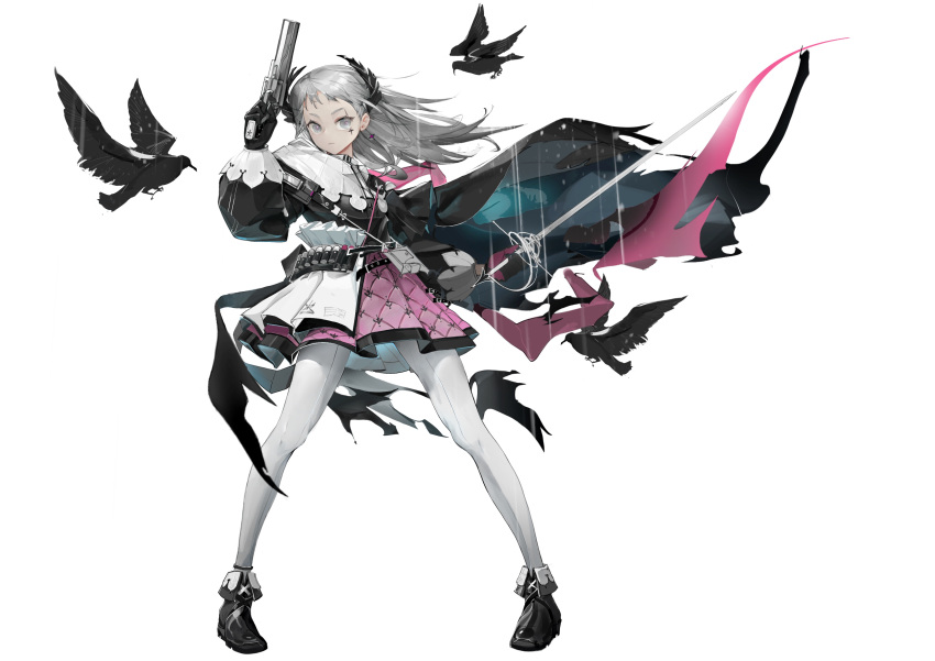 1girl absurdres ankle_boots anklet arknights belt black_footwear black_jacket boots closed_mouth dual_wielding earrings fighting_stance front-seamed_legwear full_body grey_eyes grey_hair gun head_wings high-waist_skirt highres holding holding_gun holding_sword holding_weapon irene_(arknights) jacket jewelry jiang_(eaerser) layered_skirt long_hair long_sleeves looking_at_viewer pantyhose puffy_long_sleeves puffy_sleeves purple_skirt rapier scar scar_across_eye scar_on_face seamed_legwear simple_background skirt solo standing sword v-shaped_eyebrows weapon white_background white_legwear white_skirt