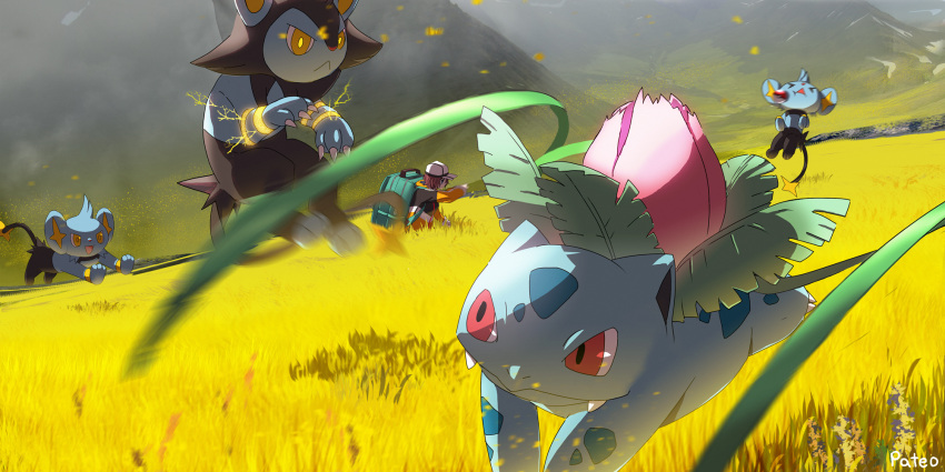 1other :&lt; backpack bag blurry brown_hair claws closed_mouth coat commentary_request day electricity grass green_bag hat highres ivysaur long_sleeves luxio meadow motion_blur outdoors pateo plant pokemon red_eyes shinx short_hair signature smile standing vines white_headwear