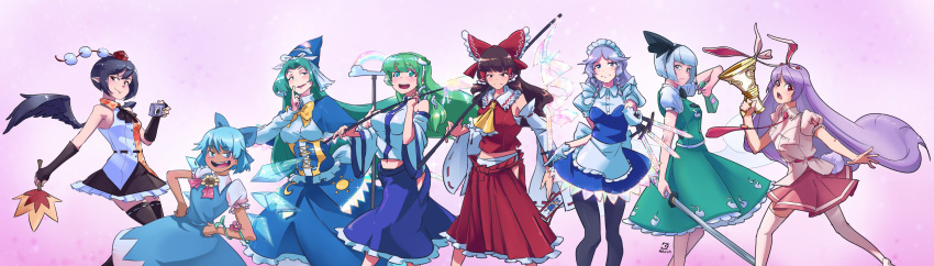 4girls absurdres animal_ears apron ascot black_hair black_hairband black_wings blazer blue_capelet blue_dress blue_eyes blue_hair blue_skirt blush bow braid breasts brown_eyes brown_hair capelet cirno collared_shirt corset david_hrusa detached_sleeves dress eyebrows_visible_through_hair flower frilled_apron frilled_skirt frills frog frog_hair_ornament gloves gohei green_eyes green_hair gun hair_bow hair_ornament hair_ribbon hair_tubes hairband hakurei_reimu hat hidden_star_in_four_seasons highres ice ice_wings izayoi_sakuya jacket katana knife kochiya_sanae konpaku_youmu long_hair long_skirt looking_at_viewer maid maid_apron maid_headdress medium_hair mima_(touhou) moon moon_rabbit multiple_girls necktie nontraditional_miko odd_one_out open_mouth pantyhose plant pointy_ears pom_pom_(clothes) puffy_short_sleeves puffy_sleeves purple_hair rabbit_ears rainbow red_bow red_eyes red_necktie red_ribbon red_skirt reisen_udongein_inaba ribbon shameimaru_aya shirt short_hair short_sleeves skirt sleeveless smile snake snake_hair_ornament staff sun sunflower sword tan tanned_cirno tengu thigh-highs tokin_hat touhou touhou_(pc-98) twin_braids unconnected_marketeers vest vines weapon white_gloves white_shirt wings witch_hat wizard_hat yellow_ascot