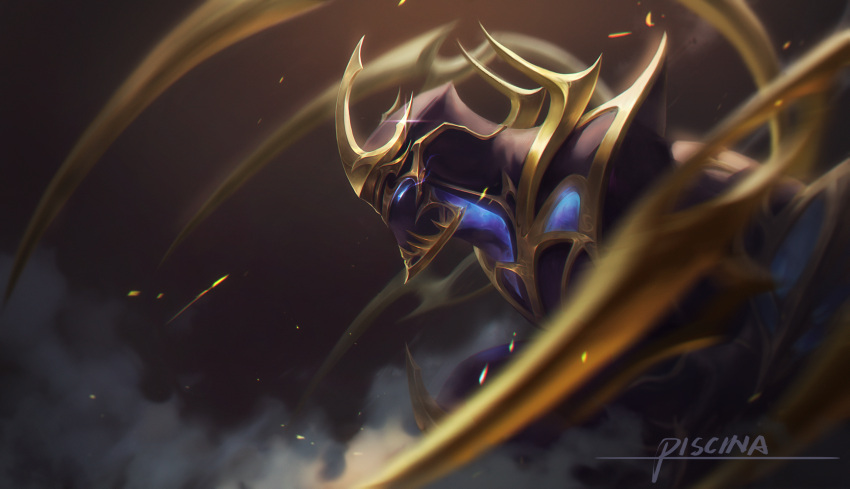 1boy absurdres armor artist_name blue_eyes brown_background from_side galaxy_slayer_zed glowing glowing_eyes helmet highres horns league_of_legends piscina shoulder_armor solo zed_(league_of_legends)
