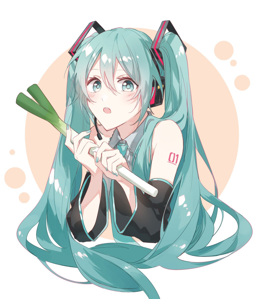 1girl :o aqua_eyes aqua_hair aqua_necktie bare_shoulders black_sleeves commentary detached_sleeves food grey_shirt hair_ornament hands_up hatsune_miku headphones headset highres holding holding_food holding_spring_onion holding_vegetable long_hair looking_at_viewer nanace_0 necktie open_mouth shirt shoulder_tattoo sleeveless sleeveless_shirt solo spring_onion tattoo twintails upper_body vegetable very_long_hair vocaloid