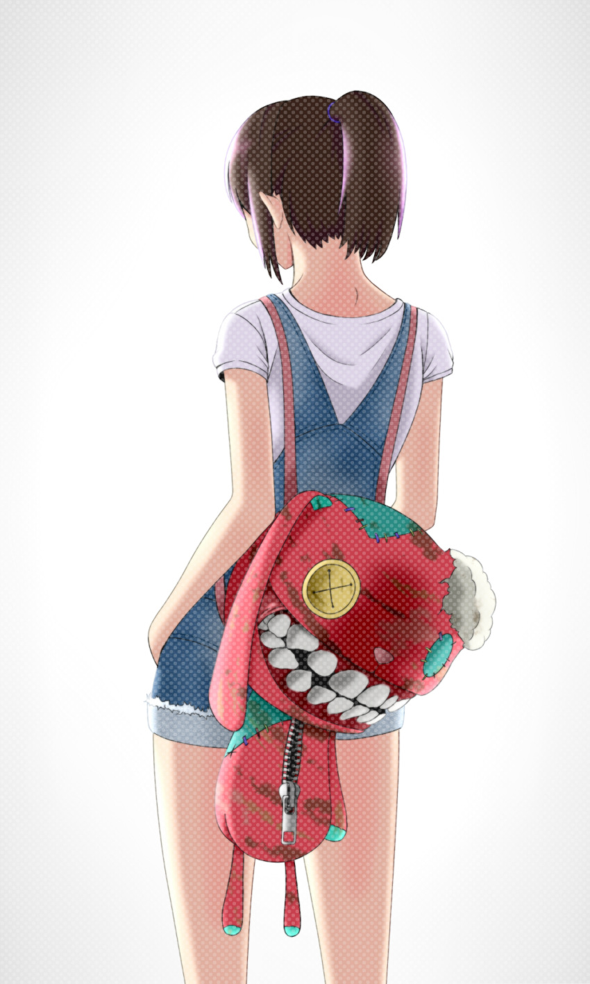 1girl backpack bag brown_hair button_eyes facing_away highres medium_hair original ponytail shirt short_shorts short_sleeves shorts sidelocks simple_background standing vivid507 white_background white_shirt zipper