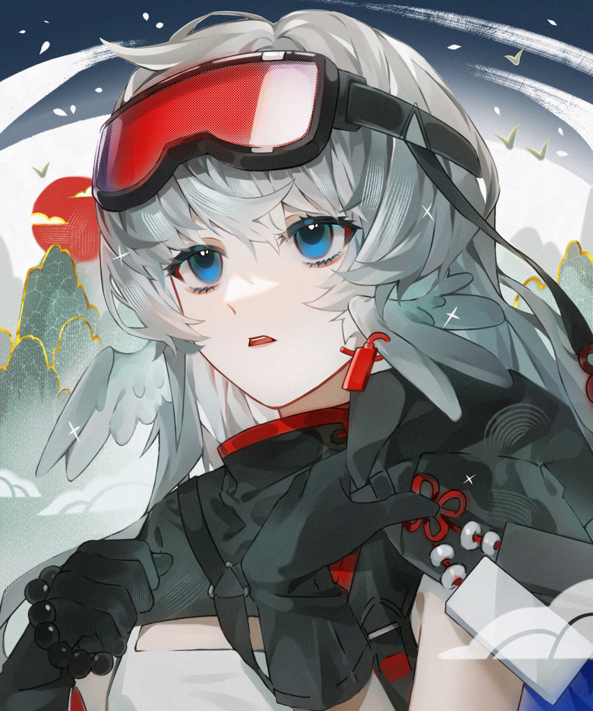 1girl absurdres arknights bead_bracelet beads bird black_capelet black_gloves blue_eyes bracelet bracelet_removed capelet feather_hair gloves goggles goggles_on_head grey_hair hair_between_eyes hands_up highres holding jewelry mountain mulberry_(arknights) parted_lips portrait red_sun sha_dan_shu shirt short_hair solo teeth upper_teeth white_shirt