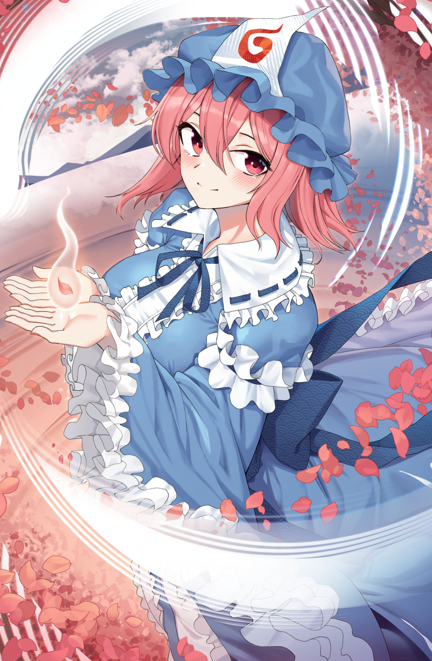 1girl absurdres blue_headwear blue_kimono blush breasts center_frills closed_mouth frilled_sleeves frills goback hair_between_eyes hat highres japanese_clothes kimono large_breasts long_sleeves mob_cap petals pink_eyes pink_hair saigyouji_yuyuko short_hair smile solo touhou triangular_headpiece wide_sleeves