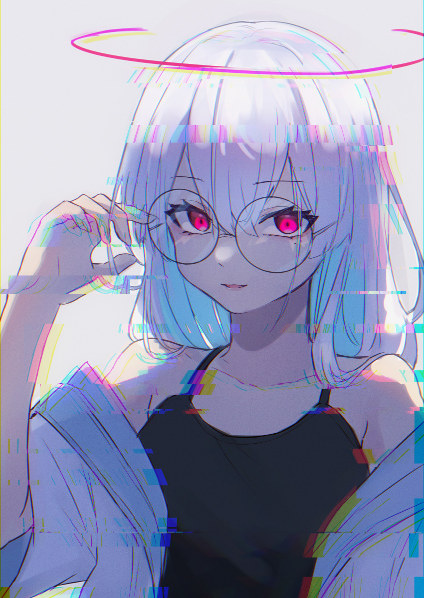 1girl absurdres bangs bare_shoulders black_camisole camisole glasses glitch halo highres jacket long_hair looking_at_viewer madaato_(psgw3383) off_shoulder open_mouth original pink_eyes simple_background solo white_hair white_jacket