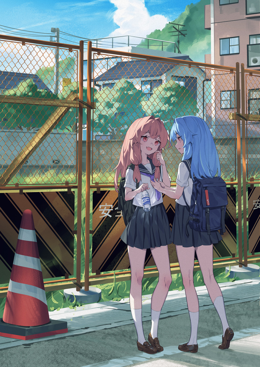 2girls backpack bag black_skirt blue_hair bottle brown_footwear building chain-link_fence clouds day fang fence full_body hair_intakes highres kneehighs kneepits kotonoha_akane kotonoha_aoi legs loafers long_hair multiple_girls neckerchief open_mouth outdoors pink_eyes pink_hair purple_neckerchief sailor_collar school_uniform scratching_cheek serafuku shirt shoes short_sleeves skirt sky smile traffic_cone voiceroid water_bottle white_legwear white_shirt yamamomo_(plank)