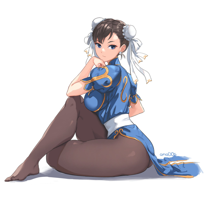 1girl amados ass black_legwear blue_eyes breasts brown_hair china_dress chinese_clothes chun-li crossed_legs curvy double_bun dress feet head_rest highres pantyhose sitting solo street_fighter thick_thighs thighs toes