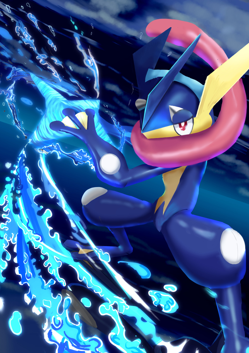 absurdres bright_pupils commentary_request greninja highres holding holding_weapon legs_apart pokemon pokemon_(creature) red_eyes shiny shiny_skin shuriken solo sorusolne110 squatting water water_drop weapon white_pupils