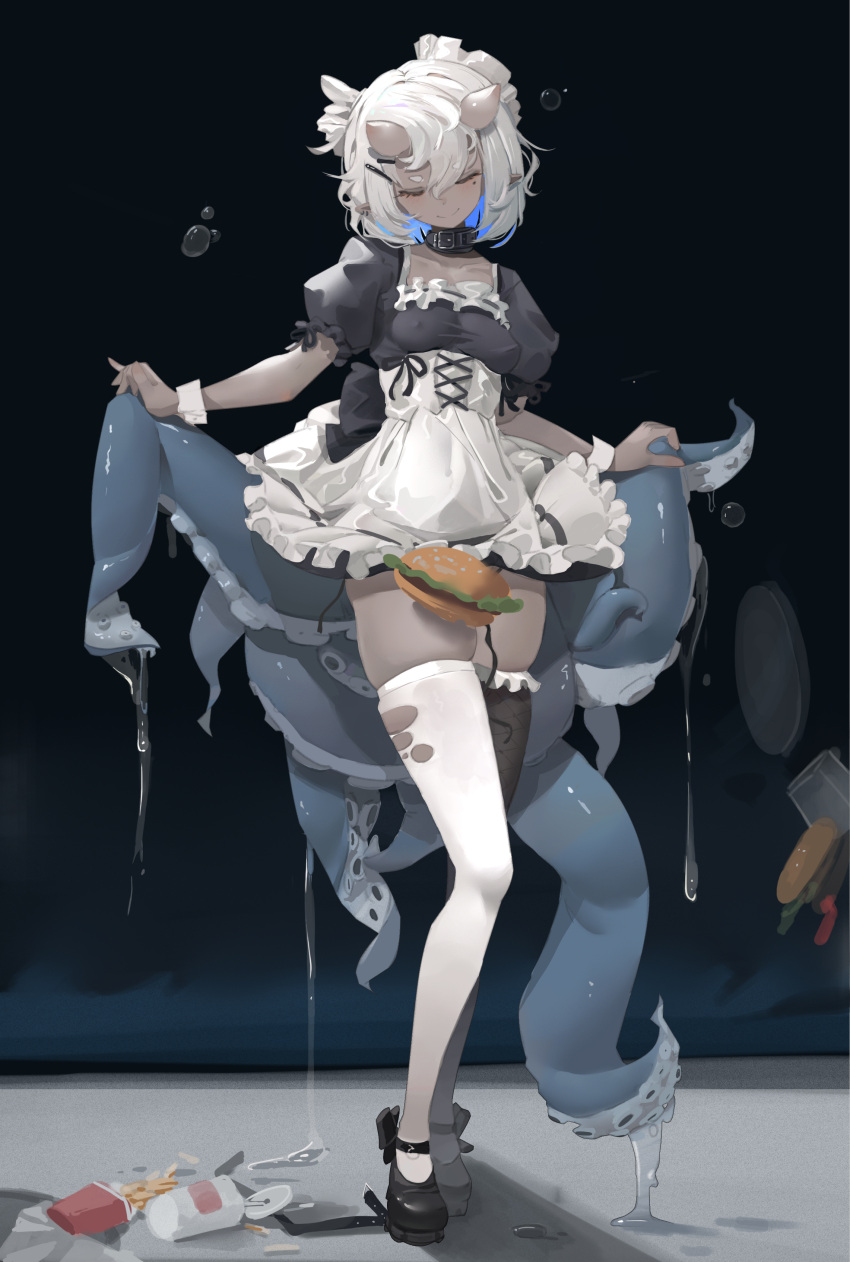 1girl absurdres apron bangs burger dark-skinned_female dark_skin eyebrows_behind_hair eyebrows_visible_through_hair food french_fries hair_between_eyes highres horns lwj maid maid_apron original short_hair skirt solo standing tentacles thigh-highs torn_clothes white_hair white_legwear wrist_cuffs