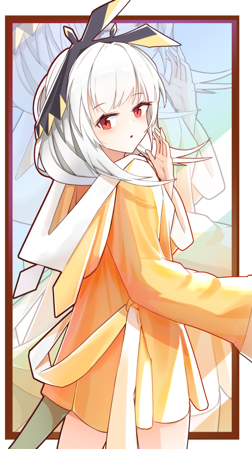 1girl alternate_costume arknights arms_up bangs chinese_commentary commentary_request cowboy_shot dress eyebrows_visible_through_hair grey_hair hair_ornament highres long_hair long_sleeves looking_at_viewer mirror orange_dress parted_lips red_eyes reflection solo weedy_(arknights) white_hair ziyu_zi_kong_fang
