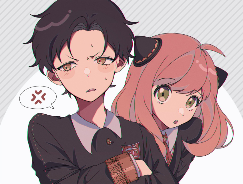 1boy 1girl anger_vein angry annoyed anya_(spy_x_family) black_hair brown_eyes collared_shirt commentary crossed_arms damian_desmond eden_academy_uniform eyebrows_visible_through_hair frown green_eyes hairband hairpods highres long_hair long_sleeves looking_at_viewer open_mouth pink_hair pout samo_072 school_uniform shirt short_hair simple_background spoken_anger_vein spy_x_family teeth v-shaped_eyebrows