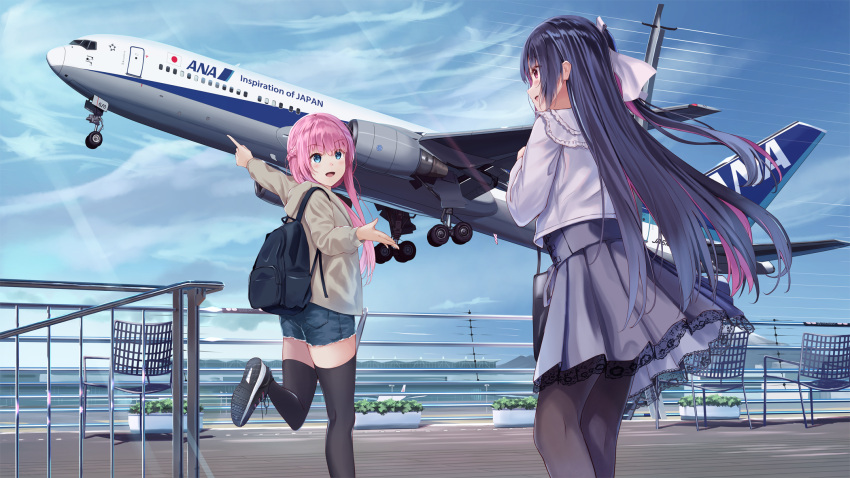 2girls 767_(airplane) aircraft airplane backpack bag bangs black_footwear black_hair black_legwear blue_eyes blue_shorts blue_sky blunt_bangs brown_jacket chair clouds commentary_request eyebrows_visible_through_hair fence grey_skirt highres holding holding_bag jacket long_hair long_sleeves looking_at_another looking_back multiple_girls original outdoors pantyhose pink_hair png_pant_(bus) pointing red_eyes shirt shoes shorts skirt sky sneakers taking_off thigh-highs white_shirt