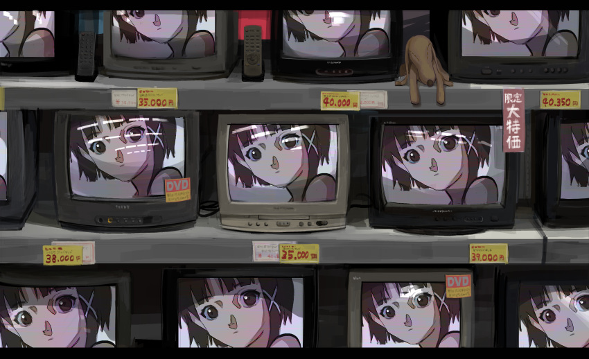 1girl asymmetrical_hair bangs brown_eyes brown_hair closed_mouth commentary controller crt face hair_ornament hairclip highres indoors iwakura_lain looking_at_viewer price_tag remote_control serial_experiments_lain shelf short_hair single_sidelock stuffed_animal stuffed_dog stuffed_toy television wod x_hair_ornament