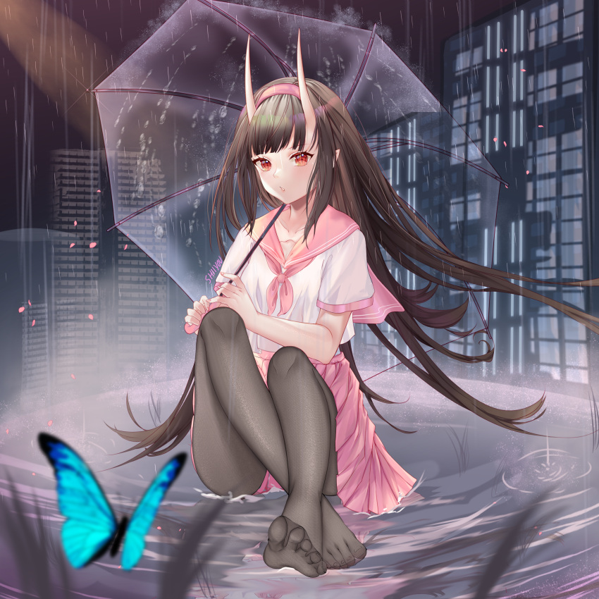 1girl absurdres bangs black_legwear blue_butterfly blunt_bangs brown_hair bug butterfly highres horns long_hair looking_at_viewer neckerchief night no_shoes oni_horns original pantyhose pink_neckerchief pink_sailor_collar pink_skirt pleated_skirt rain red_eyes sailor_collar school_uniform serafuku shiiyou sitting_on_water skirt soles solo toes umbrella