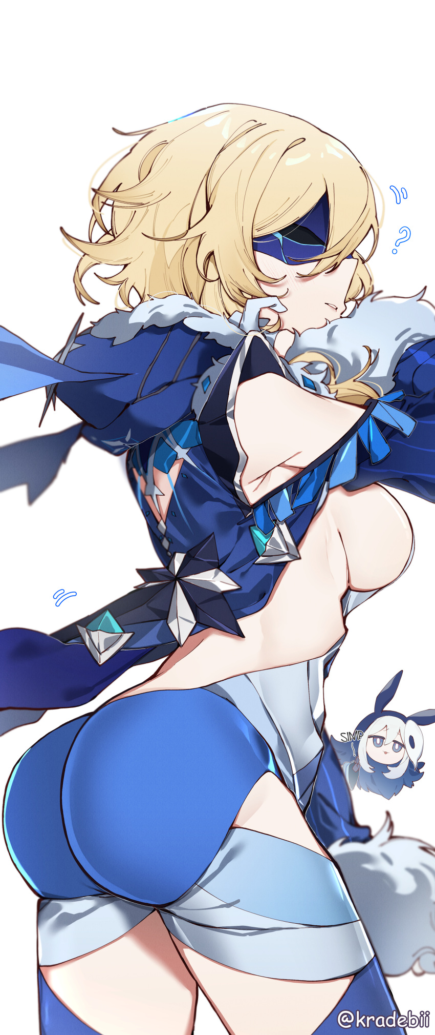 2girls ? absurdres abyss_mage_(genshin_impact) abyss_mage_(genshin_impact)_(cosplay) animal_ears ass blonde_hair blue_eyes breasts cicin_mage_(genshin_impact) cosplay cowboy_shot cryo_cicin_mage_(genshin_impact) cryo_cicin_mage_(genshin_impact)_(cosplay) eye_mask fur-trimmed_hood fur-trimmed_sleeves fur_trim genshin_impact hair_between_eyes highres hood hood_down kradebii large_breasts leotard long_sleeves lumine_(genshin_impact) mask multiple_girls open_mouth paimon_(genshin_impact) parted_lips sideboob simple_background solo_focus white_background wide_sleeves