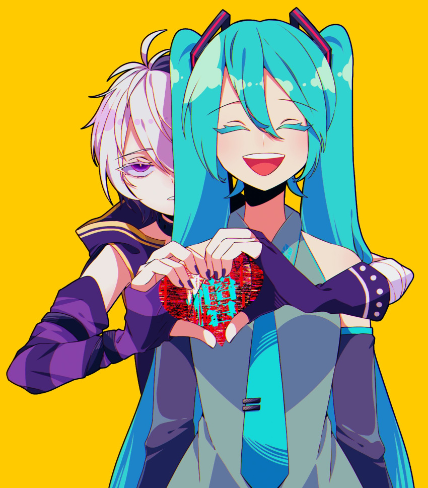 2girls aqua_hair aqua_necktie arm_warmers arms_around_back asymmetrical_sleeves bandaged_arm bandages bare_shoulders behind_another black_sleeves commentary facing_viewer fingerless_gloves flower_(vocaloid) gloves grey_shirt hair_ornament half-closed_eyes hatsune_miku heart heart_hands highres jacket kanji kazuse616 long_hair looking_at_viewer multiple_girls necktie purple_hair purple_jacket purple_nails shirt short_hair single_arm_warmer single_glove sleeveless sleeveless_jacket sleeveless_shirt translated twintails v_flower_(vocaloid4) very_long_hair violet_eyes vocaloid white_hair yellow_background