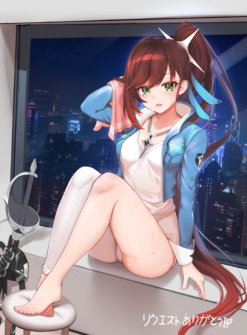 1girl absurdres arm_up ass asymmetrical_clothes barefoot black_survival blue_jacket breasts brown_hair cityscape cropped_jacket eternal_return:_black_survival fiora_pellerin green_eyes hair_ornament highres holding indoors jacket jewelry knees_up long_hair long_sleeves looking_at_viewer merong necklace night open_clothes open_jacket open_mouth pants ponytail rapier shirt single_pantsleg sitting small_breasts solo sweat sword thighs towel very_long_hair weapon white_pants white_shirt