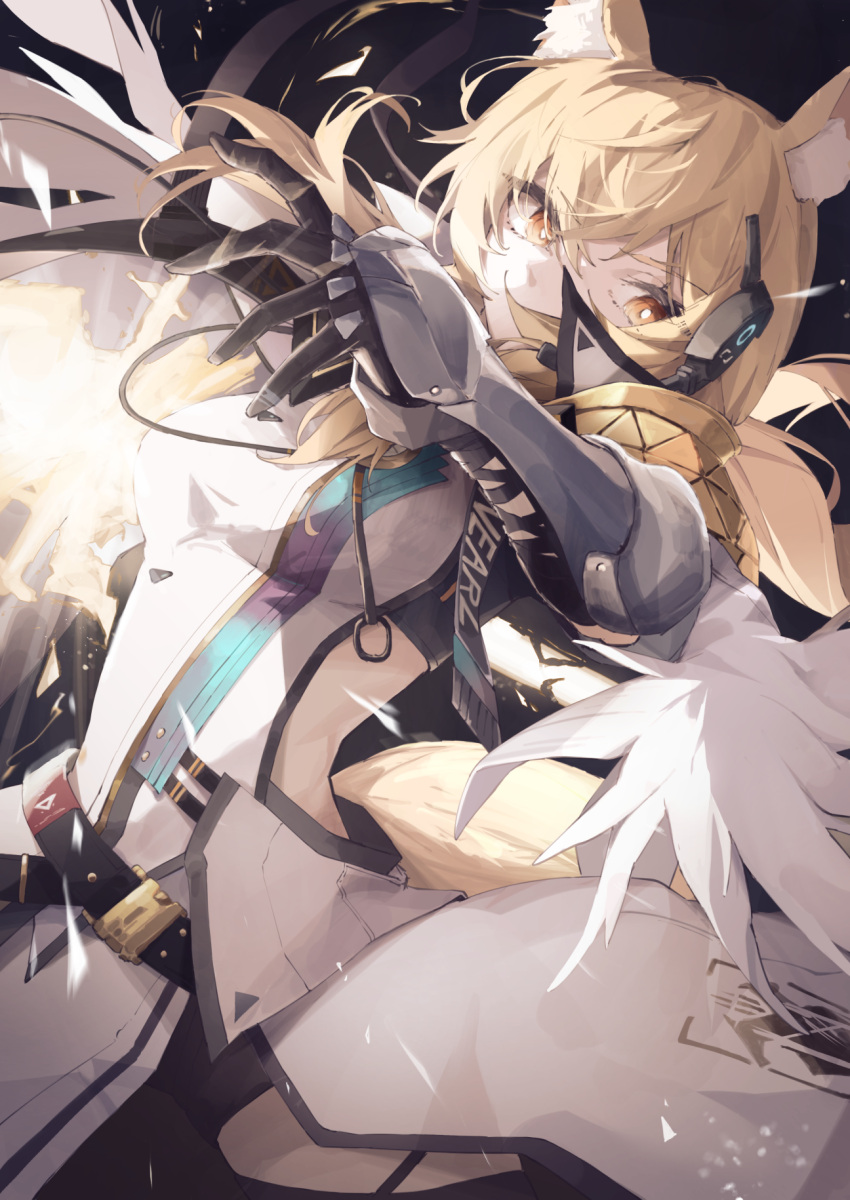 1girl animal_ear_fluff animal_ears ankoro_mochi arknights armor belt black_shorts breasts bright_pupils cowboy_shot dress eyebrows_visible_through_hair gauntlets hair_between_eyes headset highres horse_ears horse_girl horse_tail implied_extra_ears lens_flare looking_at_viewer medium_breasts midriff_peek nearl_(arknights) orange_eyes outstretched_arm short_shorts shorts shoulder_armor solo tail v-shaped_eyebrows white_dress