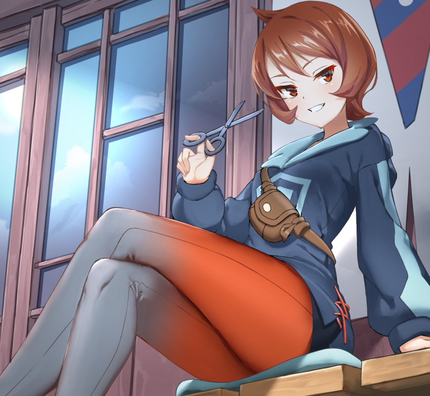 1girl arezu_(pokemon) crossed_legs diamond_clan_outfit grey_legwear hand_up highres holding holding_scissors long_sleeves looking_at_viewer multicolored_clothes multicolored_legwear pantyhose parted_lips pikapika pokemon pokemon_(game) pokemon_legends:_arceus pouch red_eyes red_legwear redhead scissors short_hair sitting smile solo thighs