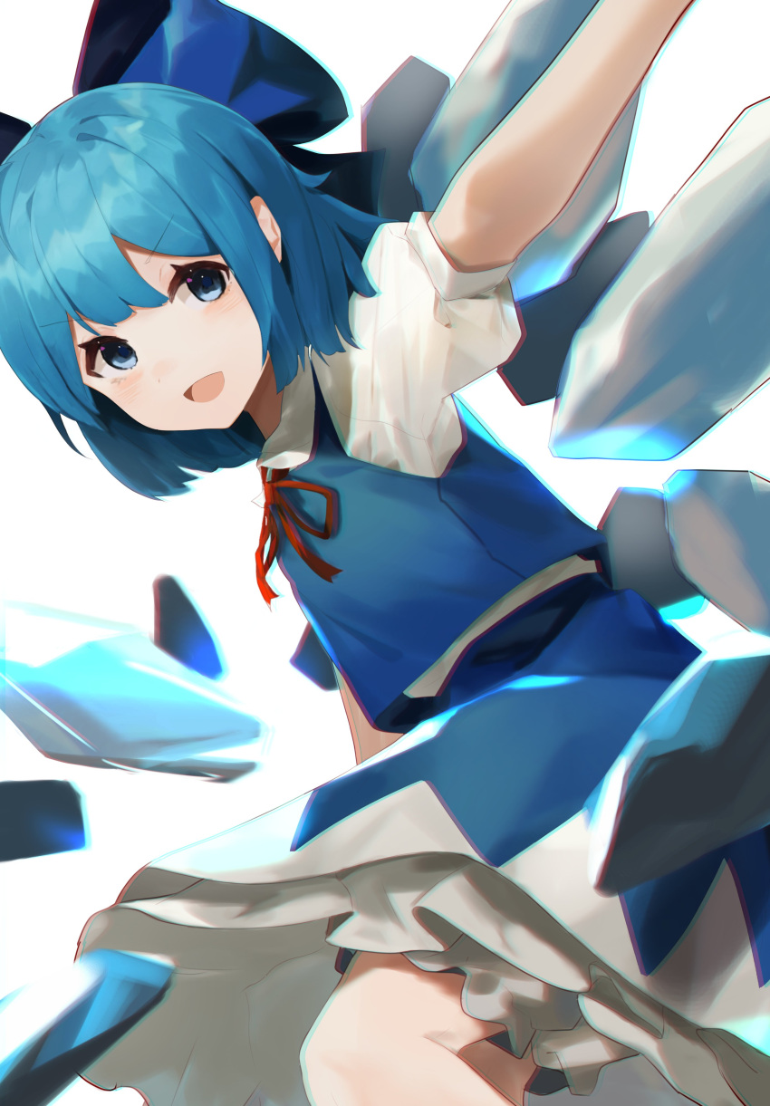 1girl :d absurdres bangs blue_bow blue_hair blue_skirt blue_vest bow cirno commentary eyebrows_visible_through_hair hair_between_eyes hair_bow highres ice ice_wings kurowa_(curowa) looking_at_viewer neck_ribbon open_mouth petticoat puffy_short_sleeves puffy_sleeves red_ribbon ribbon shirt short_hair short_sleeves skirt smile touhou upper_body vest white_background white_shirt wings