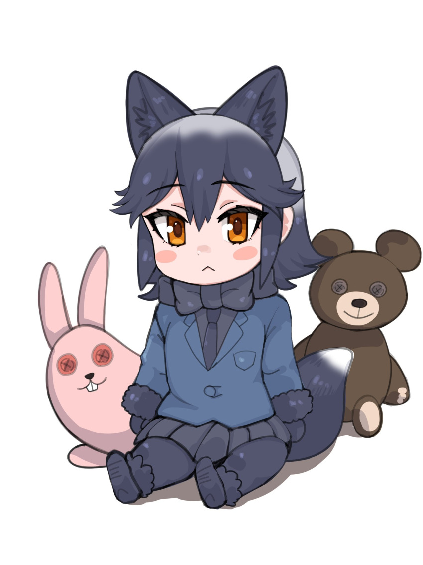 1girl :&lt; alternate_hairstyle animal_ears aramaru black_bow black_bowtie black_footwear black_fur black_gloves black_hair black_legwear black_necktie black_skirt blue_jacket blush bow bowtie child commentary_request extra_ears eyebrows_visible_through_hair fox_ears fox_girl fox_tail fur_trim gloves grey_hair highres jacket kemono_friends long_sleeves multicolored_hair necktie orange_eyes pantyhose pleated_skirt short_hair sidelocks silver_fox_(kemono_friends) sitting skirt solo stuffed_animal stuffed_toy tail teddy_bear younger