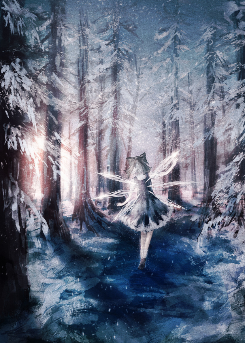 1girl absurdres bare_tree black_footwear blue_bow blue_dress blue_hair bow cirno commentary dress facing_away forest from_behind hair_bow hand_up highres ice ice_wings nature outdoors puffy_short_sleeves puffy_sleeves shirt shoes short_hair short_sleeves sky snow snowing socks solo sunset tonan_(l0l0l0l0l0l) touhou tree walking white_legwear white_shirt wings winter