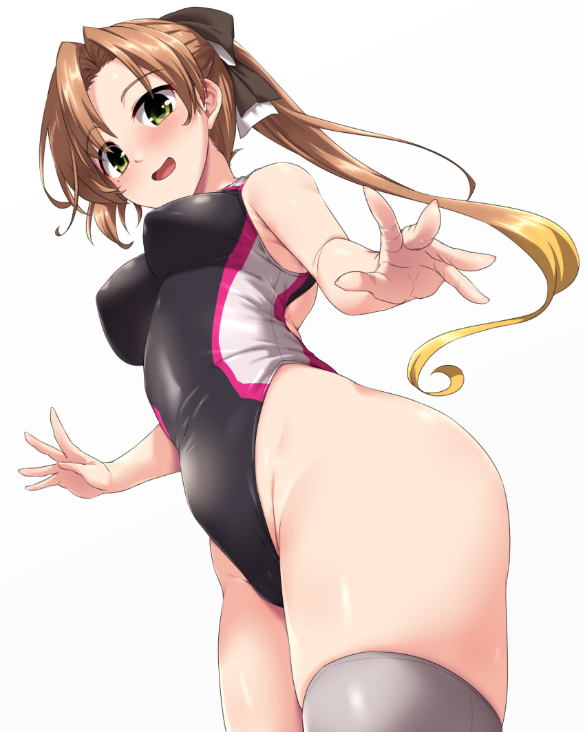 1girl akigumo_(kancolle) akigumo_kai_ni_(kancolle) alternate_costume black_ribbon black_swimsuit breasts brown_hair commentary_request competition_swimsuit covered_nipples from_below green_eyes grey_legwear hair_ribbon highleg highleg_swimsuit highres kantai_collection long_hair mole mole_under_eye multicolored_clothes multicolored_swimsuit one-piece_swimsuit ponytail purple_swimsuit ribbon small_breasts solo standing swimsuit thigh-highs two-tone_ribbon white_ribbon white_swimsuit yoshi_tama