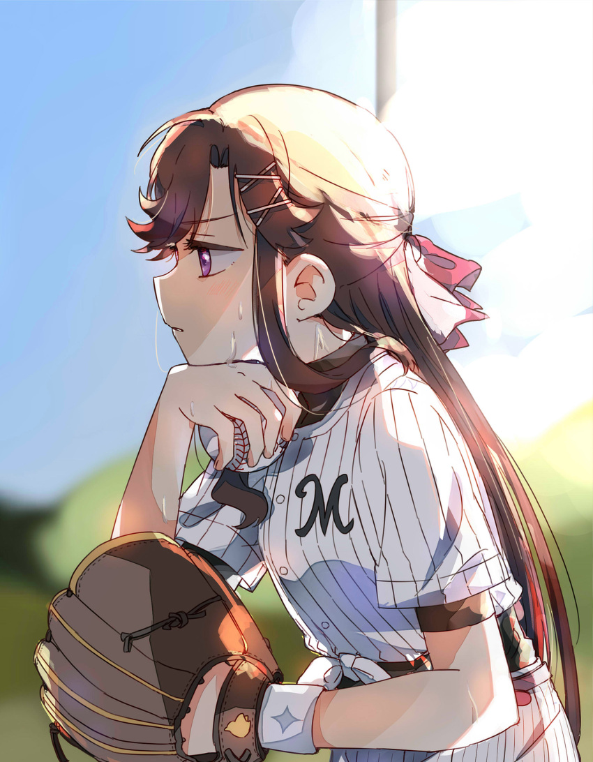 1girl absurdres backlighting ball bangs baseball baseball_jersey baseball_mitt baseball_uniform belt black_shirt blue_sky blurry blurry_background bow brown_hair buttons chiba_lotte_marines day eyebrows_visible_through_hair from_side fud hair_bow hair_ornament half_updo hand_on_own_chin hand_up highres holding holding_ball leaning_forward light_blush long_hair looking_away nippon_professional_baseball outdoors pants parted_lips pink_belt pink_bow playing_sports profile shiny shiny_hair shirt short_sleeves shoujo_kageki_revue_starlight sidelocks sky solo sportswear standing sweat sweatband tendou_maya tied_shirt undershirt upper_body v-shaped_eyebrows violet_eyes white_pants white_shirt wristband x_hair_ornament