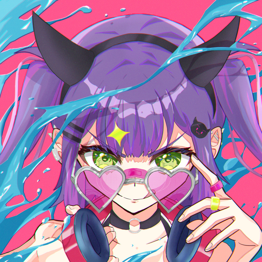 1girl :q absurdres bandaid bandaid_on_face bandaid_on_nose barbell_piercing black_hairband demon_girl demon_horns ear_piercing fake_horns green_eyes hair_ornament hairband hairclip headphones headphones_around_neck heart heart-shaped_eyewear highres hololive horns jam_(jaaaaaaaamjam) licking_lips long_hair looking_at_viewer multicolored_hair piercing pink-tinted_eyewear pointy_ears portrait purple_hair solo streaked_hair sunglasses tinted_eyewear tokoyami_towa tongue tongue_out twintails v-shaped_eyebrows virtual_youtuber